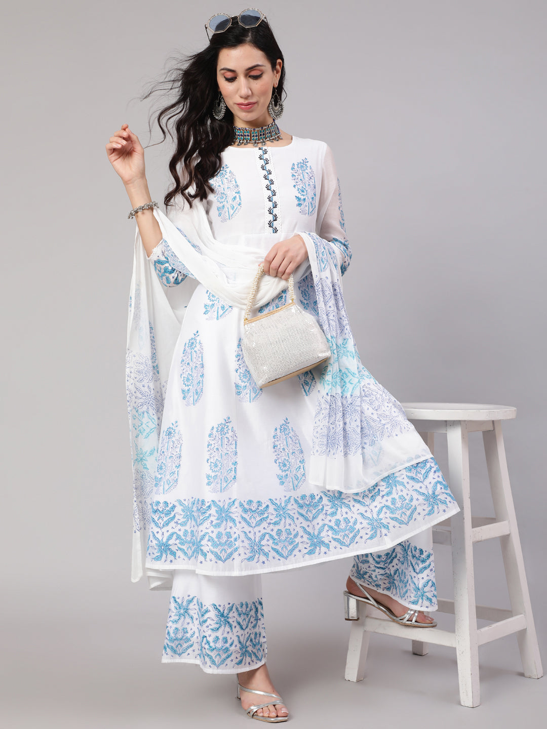 White & Blue Block Print Anarkali Palazzo With Dupatta