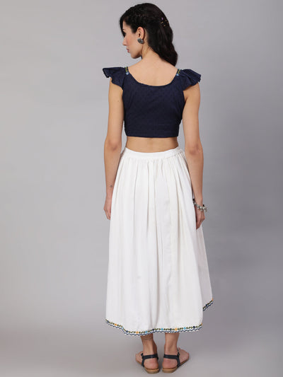 White & Blue Embroidered Top With Skirt