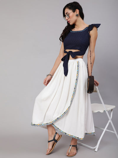 White & Blue Embroidered Top With Skirt