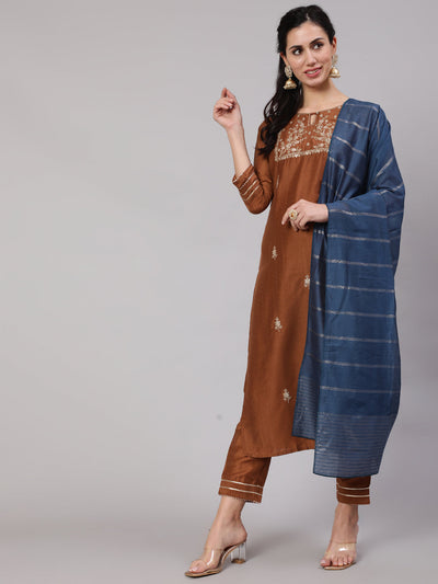 Brown Embroidered Kurta Pant With Dupatta