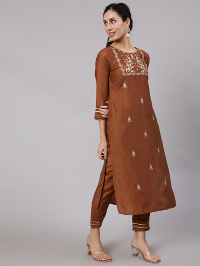 Brown Embroidered Kurta Pant With Dupatta
