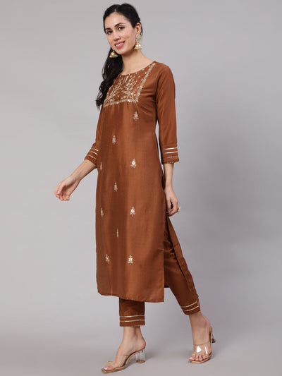 Brown Embroidered Kurta Pant With Dupatta