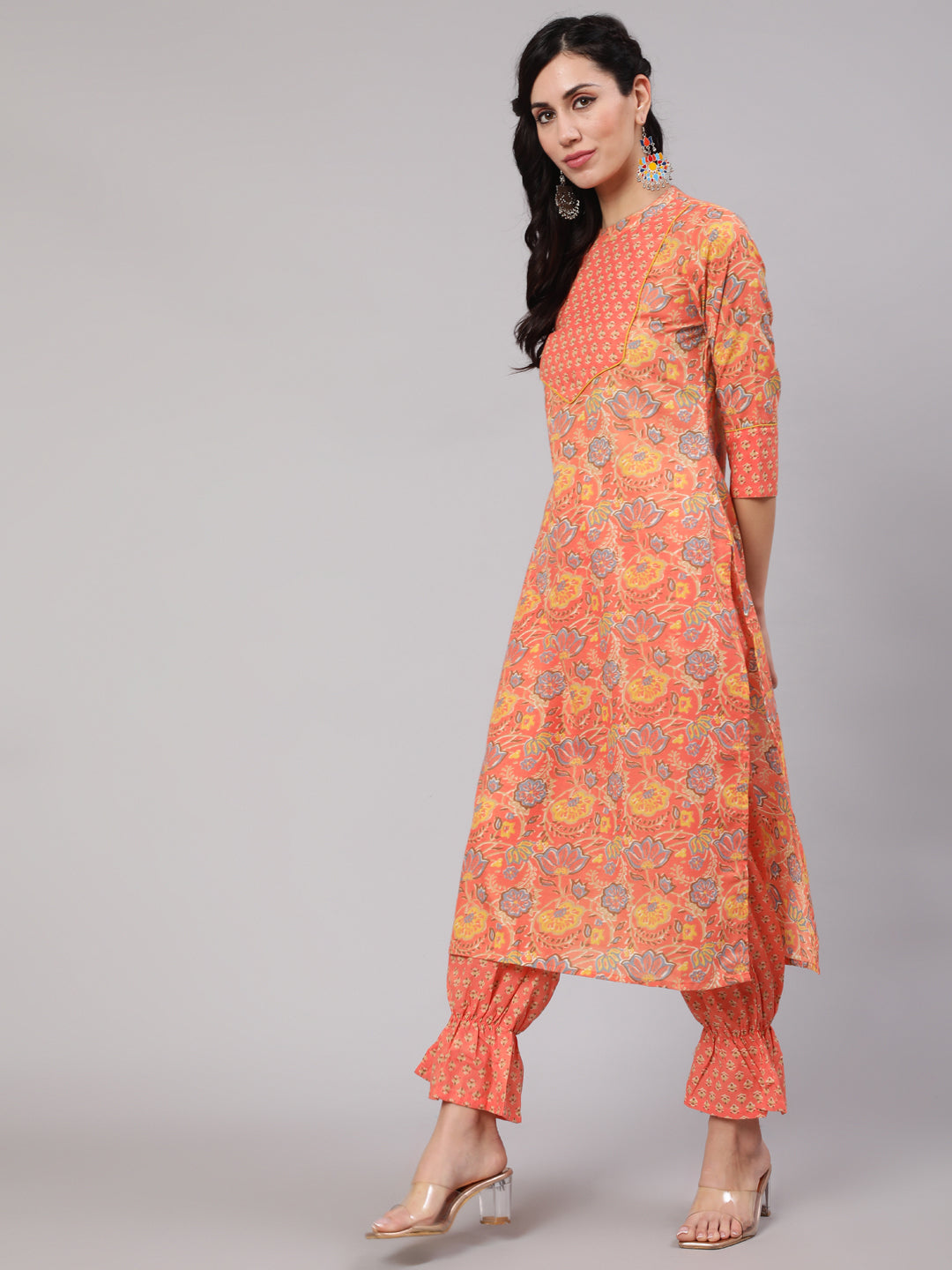 Peach Floral Print Kurta With Balloon Pant