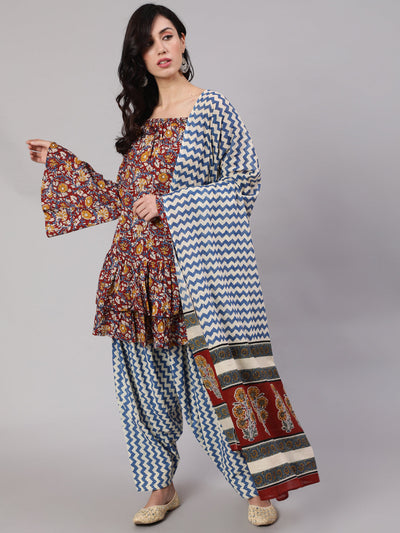 Maroon Kalamkari Print Kurta Salwar With Dupatta