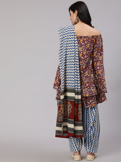 Maroon Kalamkari Print Kurta Salwar With Dupatta