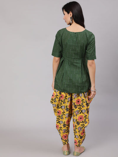 Green & Yellow Floral Print Kurta With Dhoti Pant