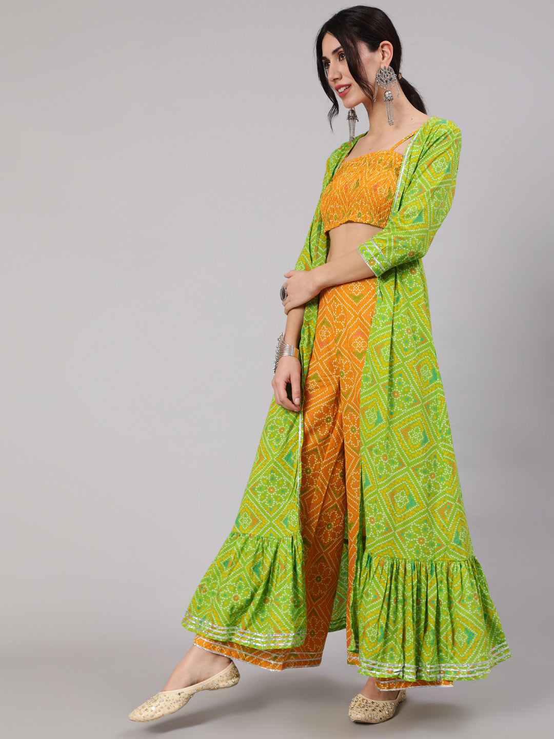 Mustard & Green Bandhani Print Crop Top Palazzo With Jacket