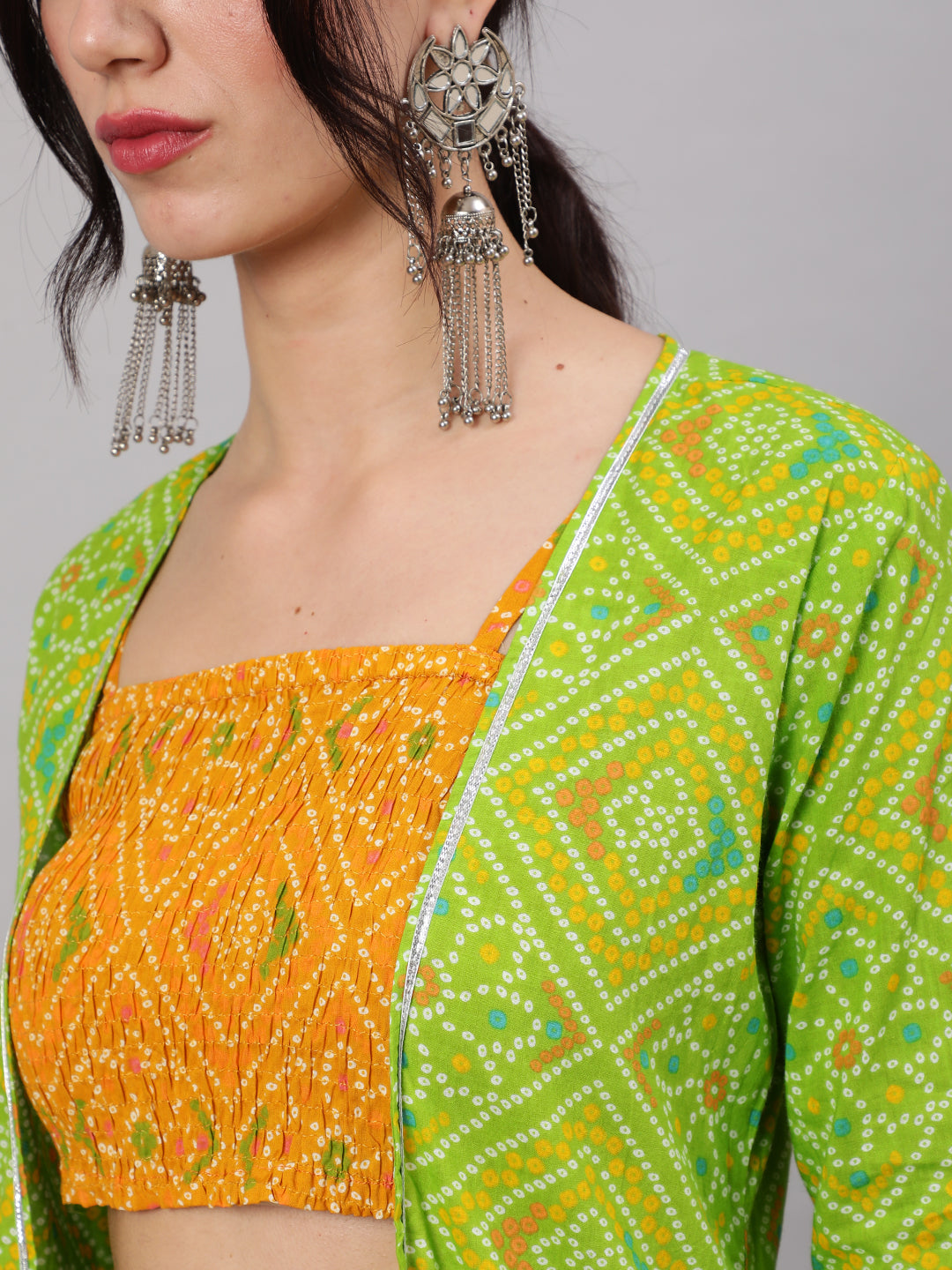 Mustard & Green Bandhani Print Crop Top Palazzo With Jacket