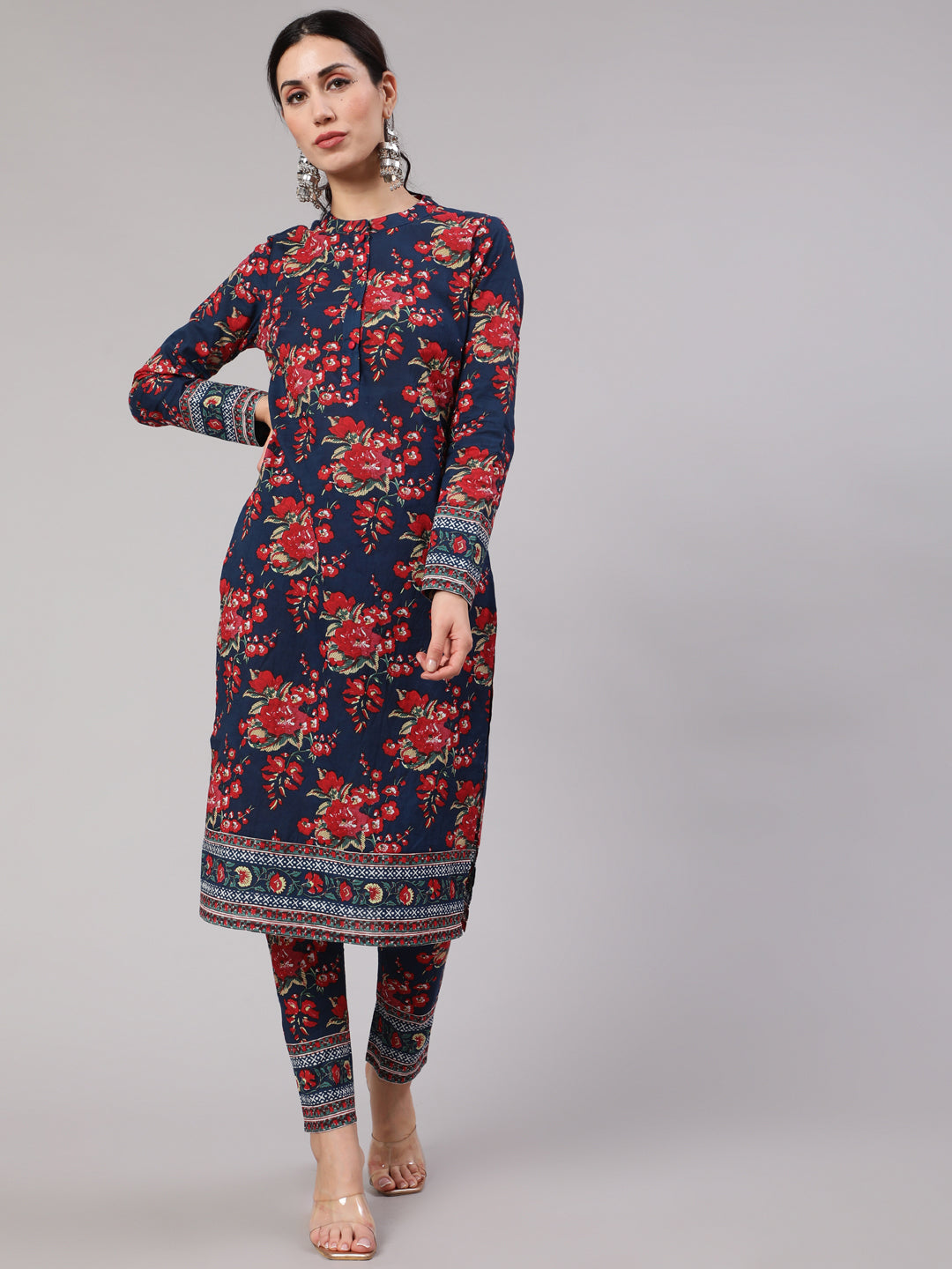 Navy Blue Floral Print Straight Kurta With Pant