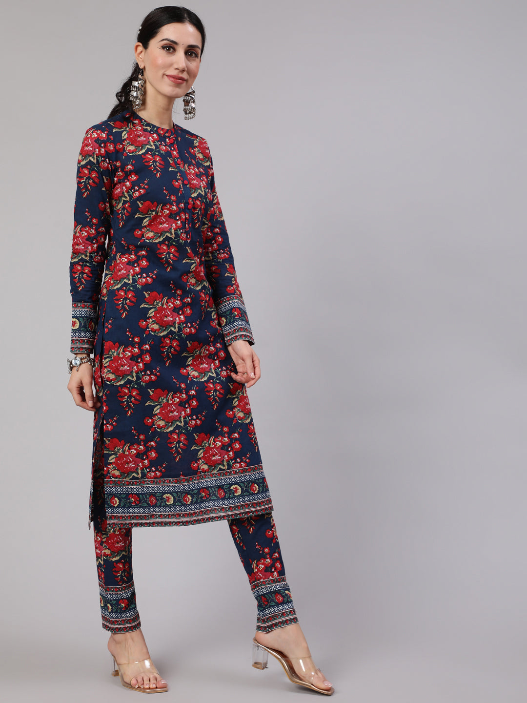 Navy Blue Floral Print Straight Kurta With Pant