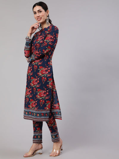 Navy Blue Floral Print Straight Kurta With Pant