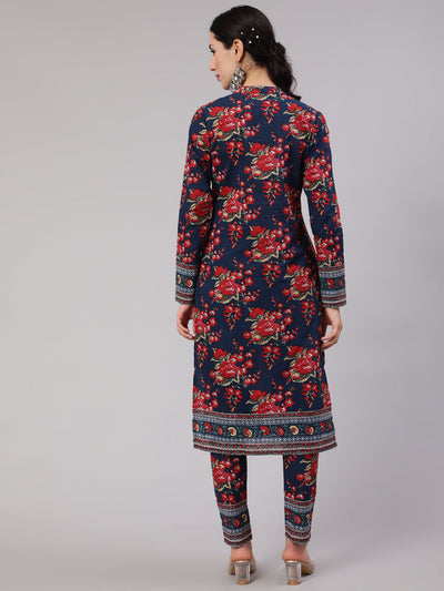 Navy Blue Floral Print Straight Kurta With Pant