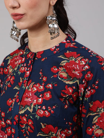 Navy Blue Floral Print Straight Kurta With Pant