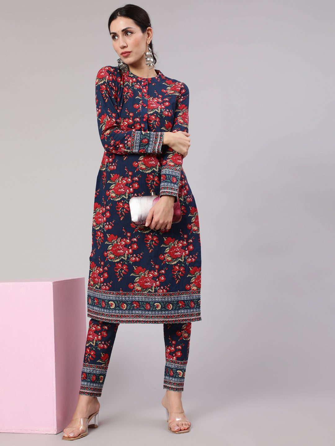 Navy Blue Floral Print Straight Kurta With Pant