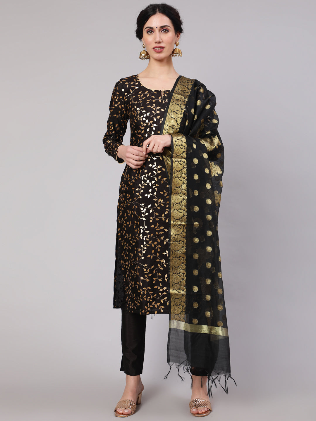 Black Foil Printed Kurta Pant With Dupatta