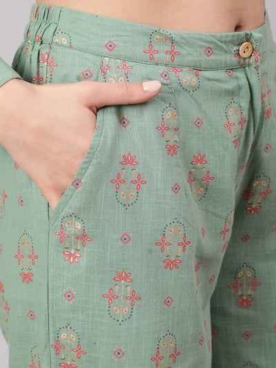 Sea Green Floral Print Shirt With Palazzo