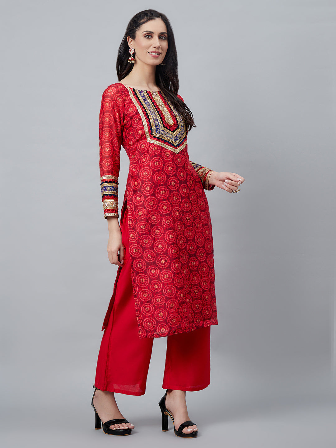 Red Printed Kurta Palazzo With Dupatta