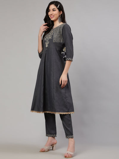 Grey Embroidered Anarkali Pant With Dupatta