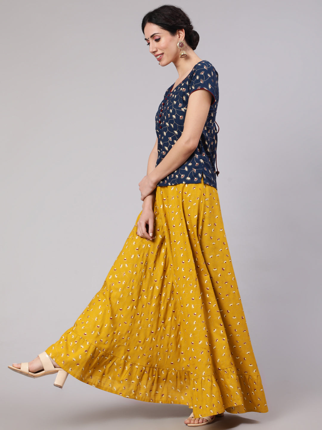 Yellow & Blue Floral Print Top With Skirt Set
