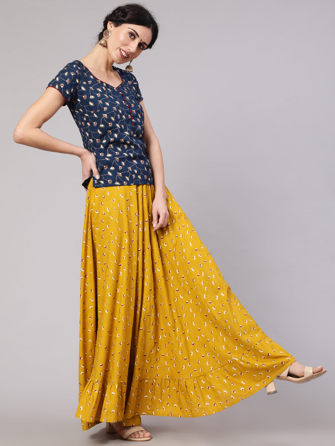 Yellow & Blue Floral Print Top With Skirt Set