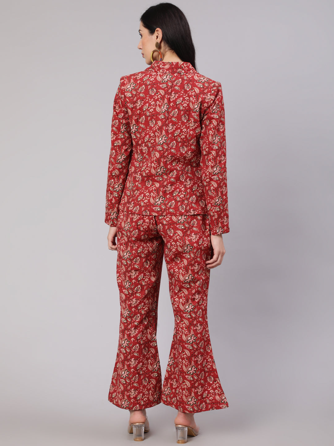Red Floral Print Kantha Work Blazer With Pant