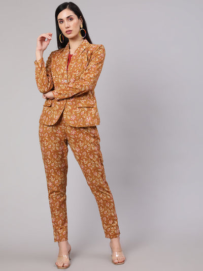 Mustard Floral Print Kantha Work Blazer With Pant