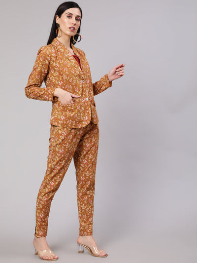 Mustard Floral Print Kantha Work Blazer With Pant