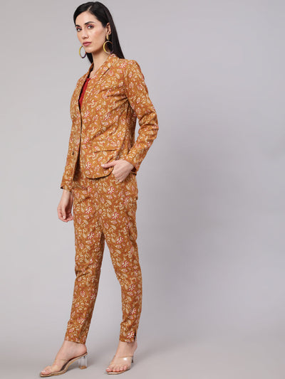 Mustard Floral Print Kantha Work Blazer With Pant