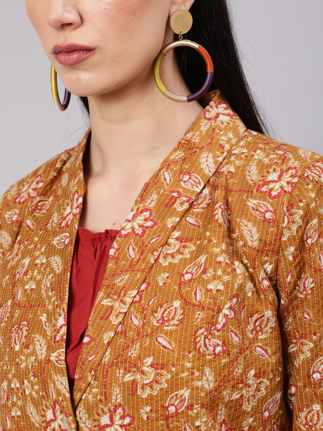 Mustard Floral Print Kantha Work Blazer With Pant