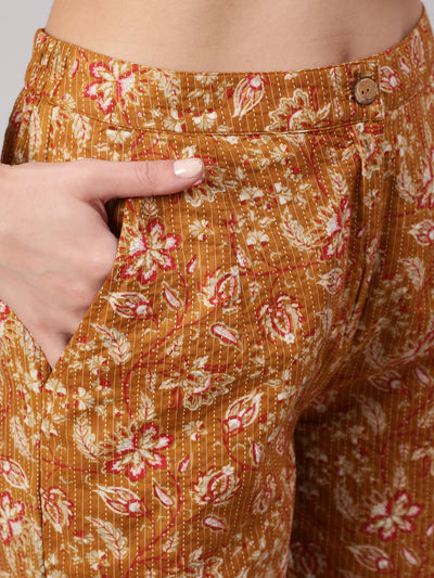 Mustard Floral Print Kantha Work Blazer With Pant