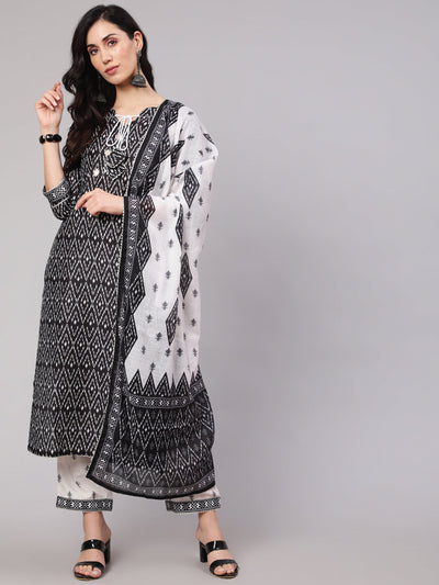 Black & White Geometric Print Kurta Palazzo With Dupatta