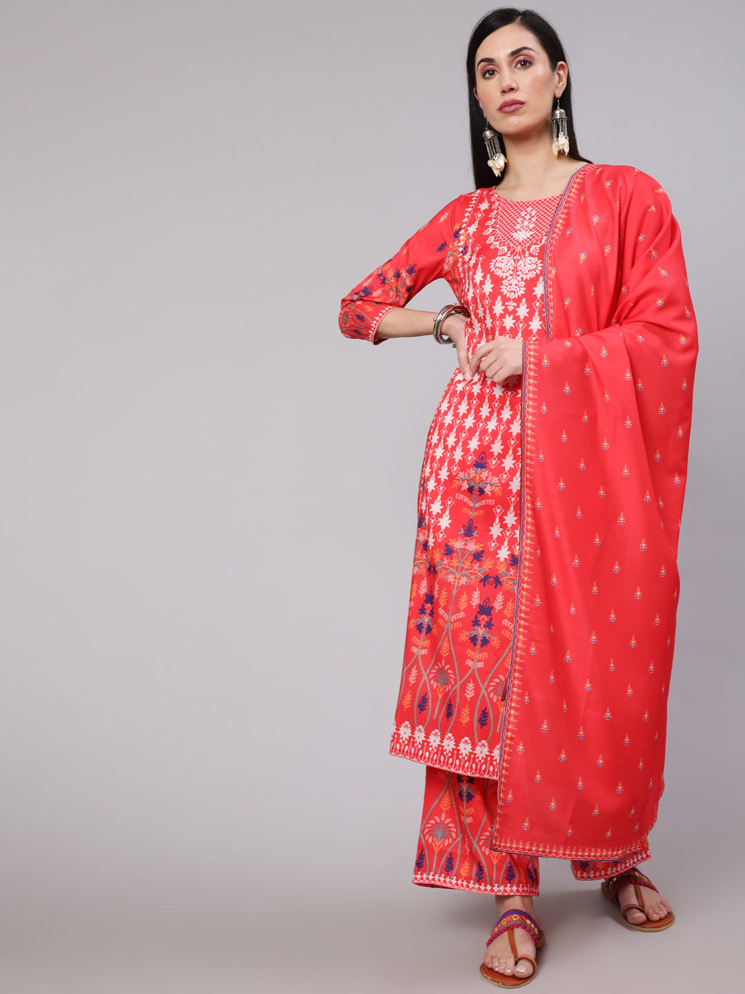 Red Digital Print Kurta Palazzo With Dupatta