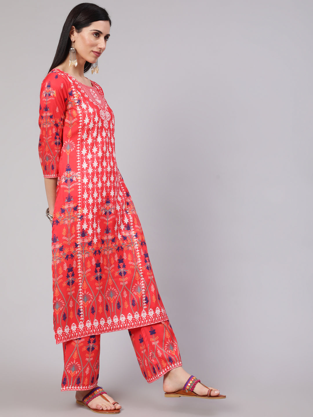 Red Digital Print Kurta Palazzo With Dupatta