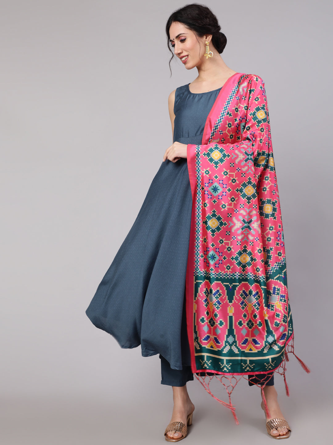 Blue Butti Work Anarkali Palazzo With Dupatta