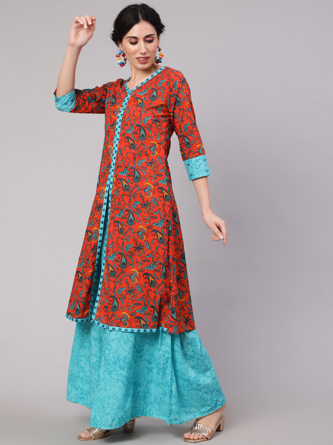 Orange & Blue Ethnic Motifs Kurta With Sharara