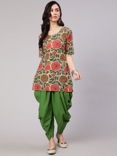 Beige Floral Print Kurta With Dhoti Pant