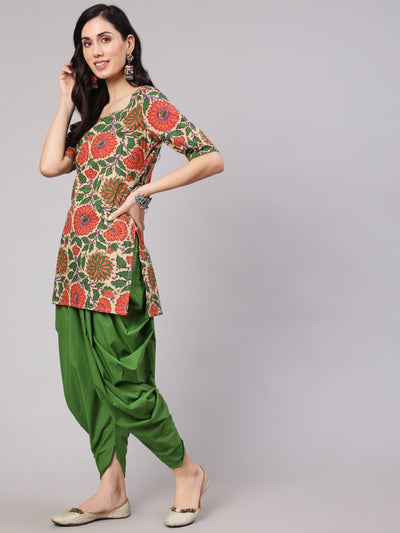 Beige Floral Print Kurta With Dhoti Pant