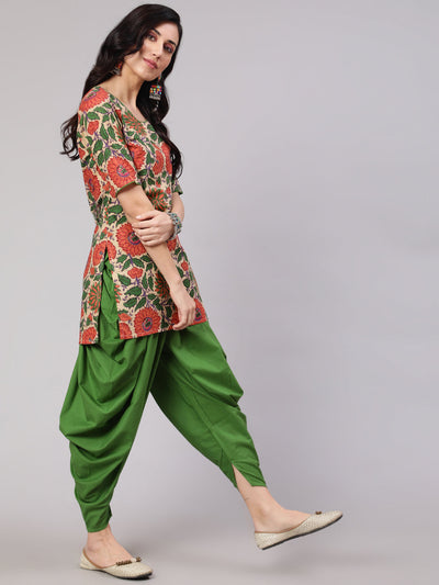 Beige Floral Print Kurta With Dhoti Pant