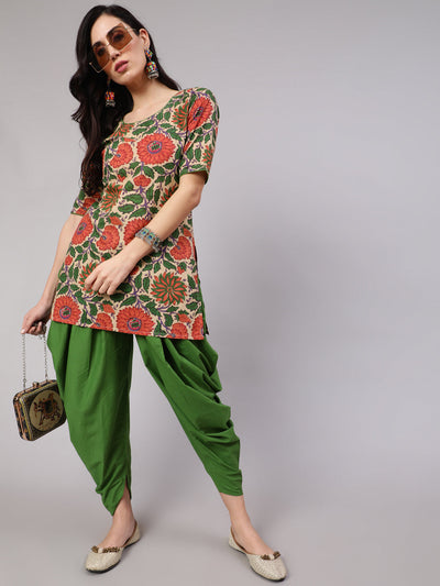 Beige Floral Print Kurta With Dhoti Pant