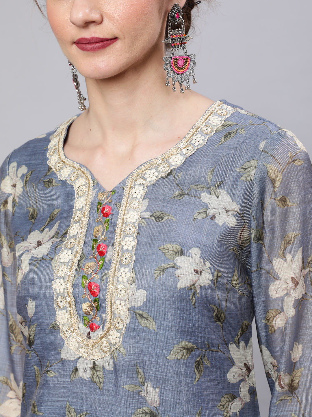 Grey Floral Print Kurta Palazzo With Dupatta