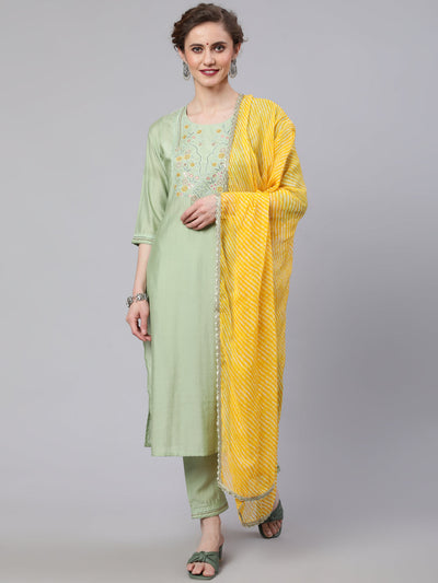 Pastel Green Embroidered Kurta Pant With Dupatta