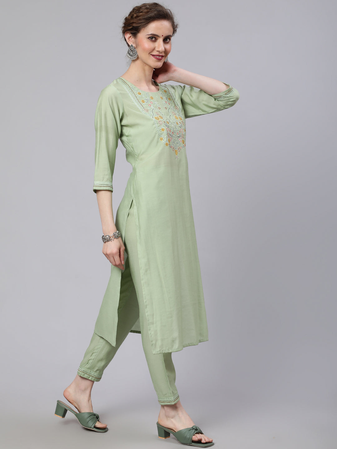 Pastel Green Embroidered Kurta Pant With Dupatta