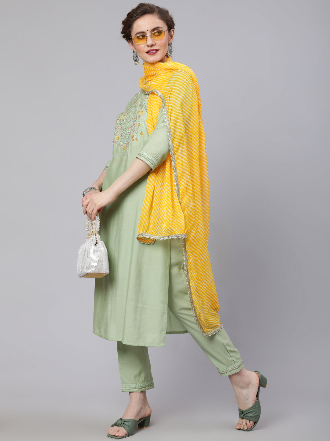 Pastel Green Embroidered Kurta Pant With Dupatta