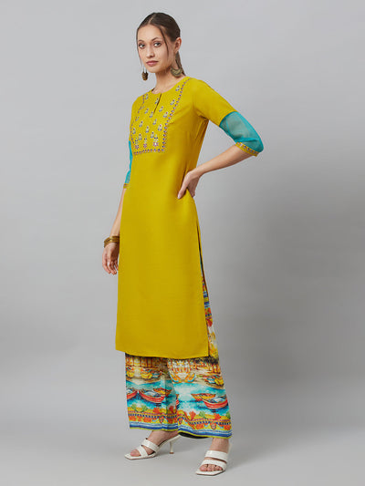 Yellow Embroidered Kurta Palazzo With Dupatta