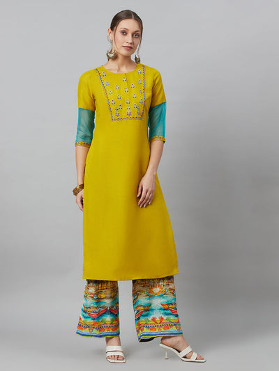 Yellow Embroidered Kurta Palazzo With Dupatta