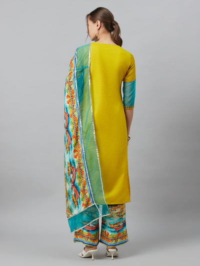 Yellow Embroidered Kurta Palazzo With Dupatta