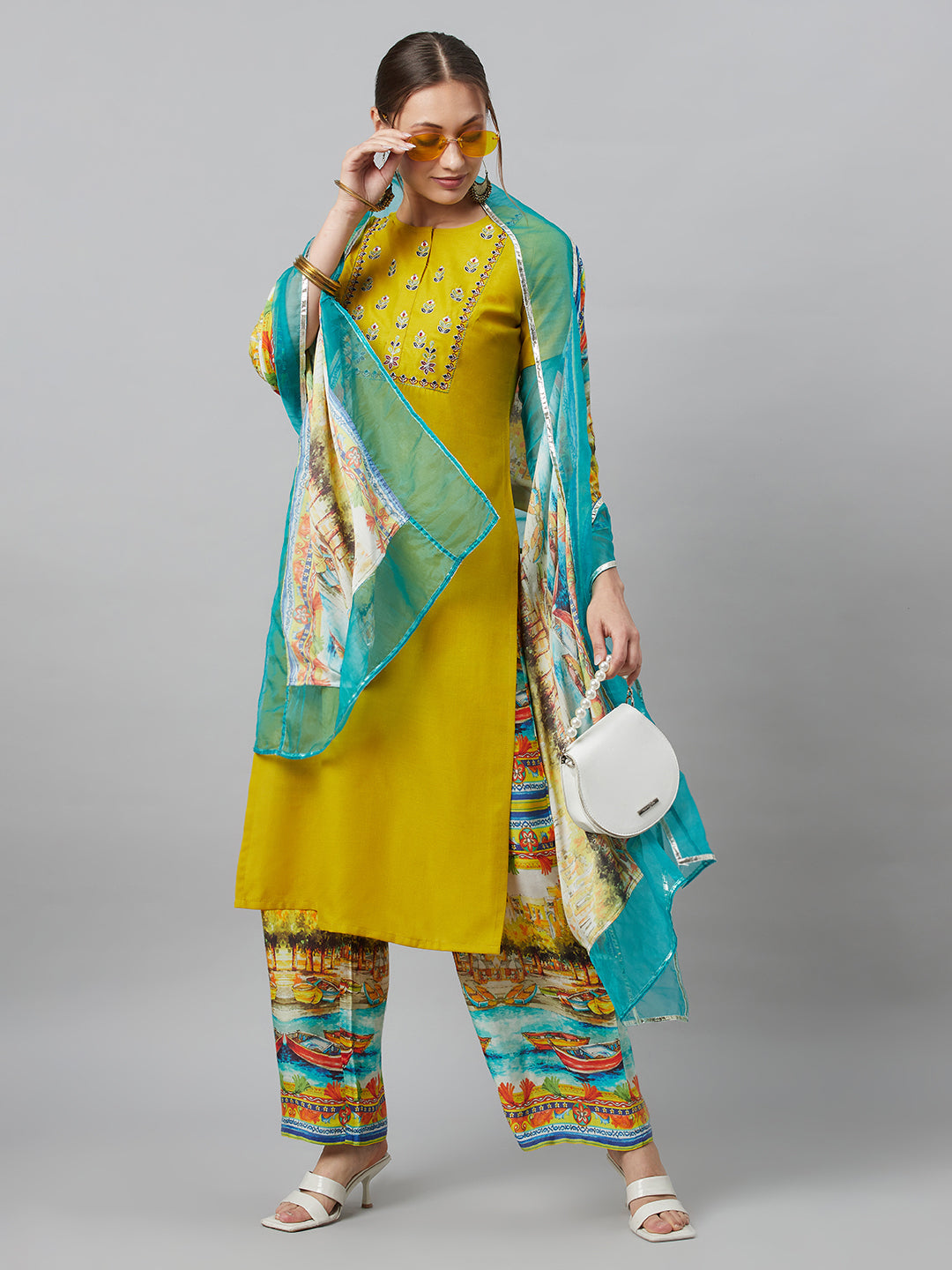 Yellow Embroidered Kurta Palazzo With Dupatta