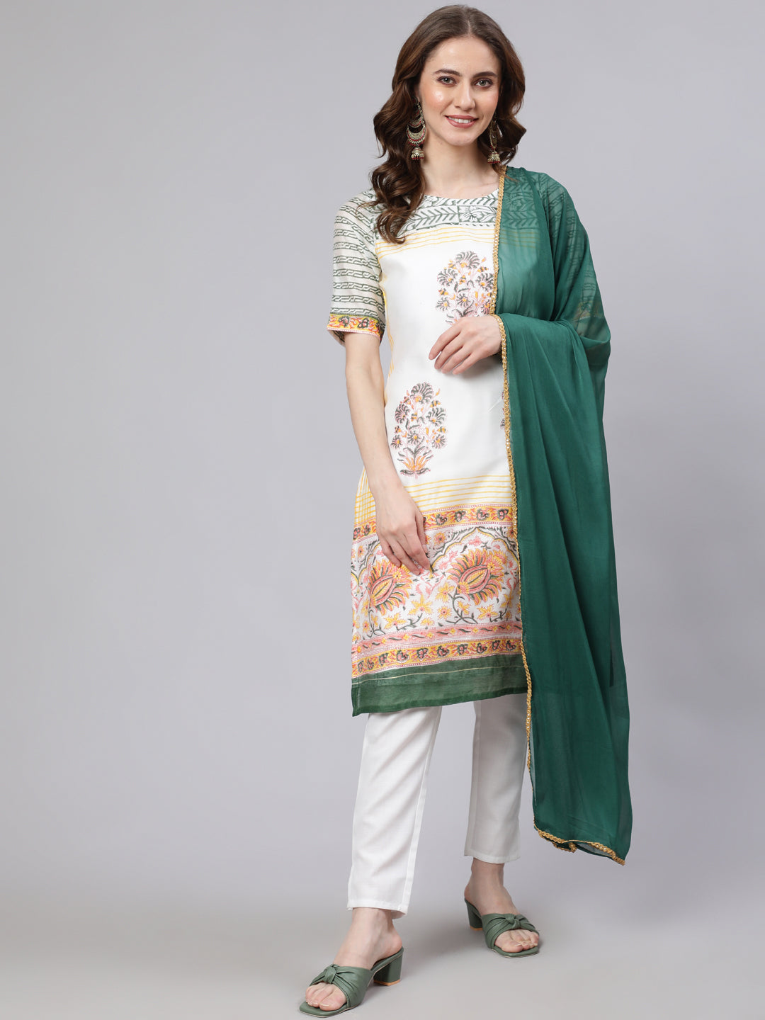 White Block Printed Kurta Pant With Dupatta