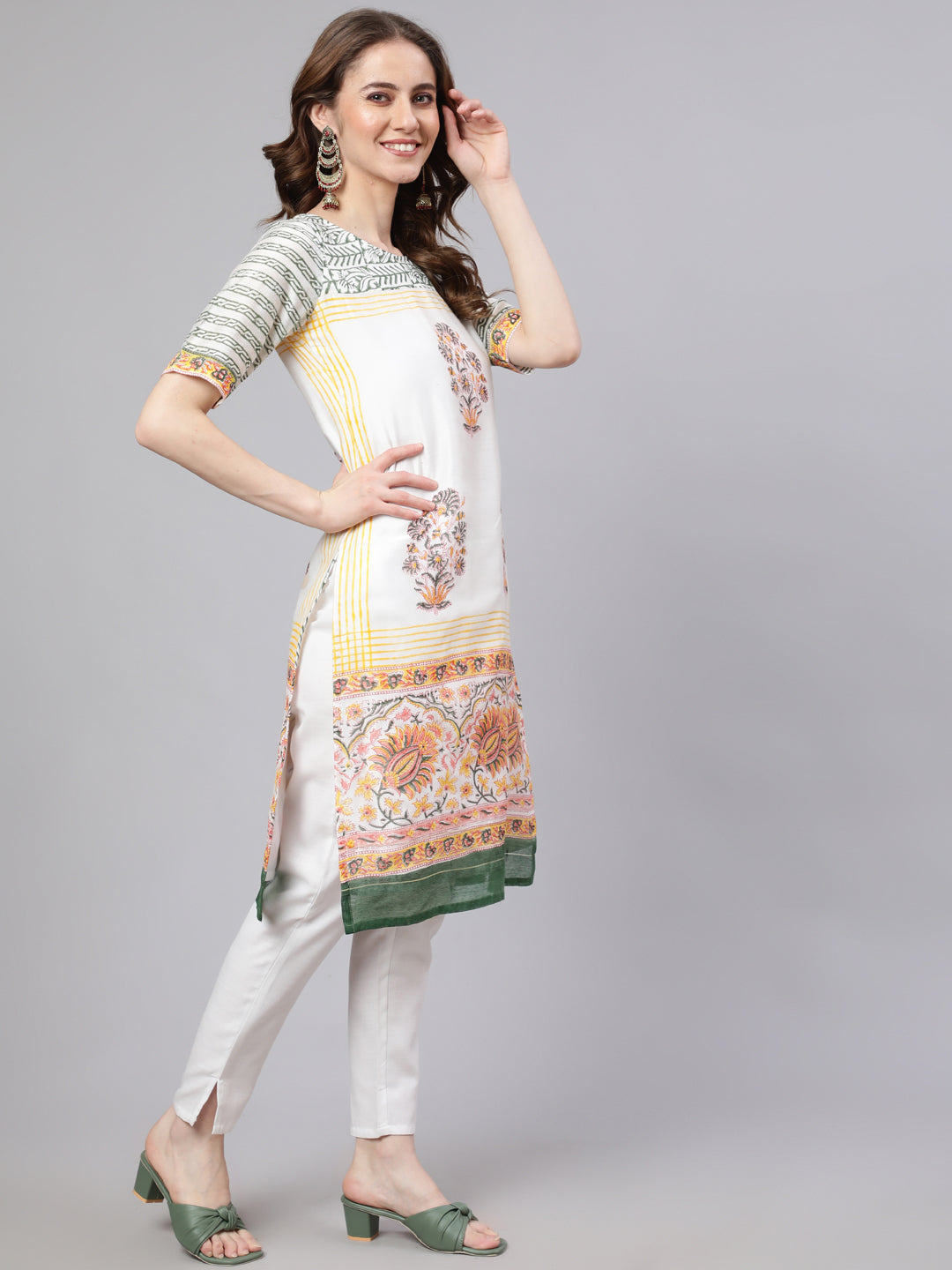 White Block Printed Kurta Pant With Dupatta