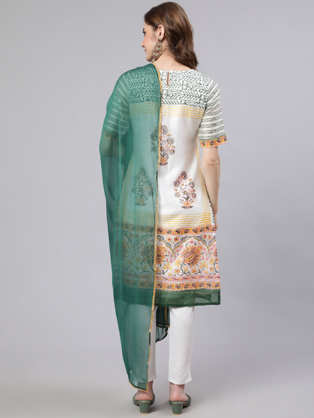 White Block Printed Kurta Pant With Dupatta